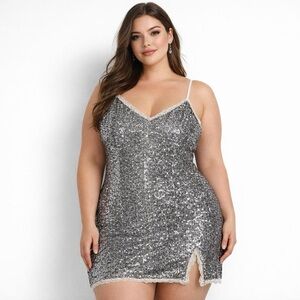 Wild Fable Silver Sequin Slip Dress XXL – Lace Trim, Sparkly Party Mini NWT